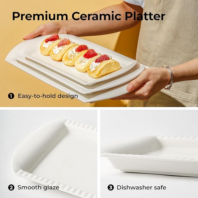 LIFVER Extra Large Serving Platters, 16"/14"/12" Rectangle Serving Trays, Serving Dishes for Entertaining, White Ceramic Platters for Serving Food Party, Turkey Platter for Thanksgiving, Set of 3