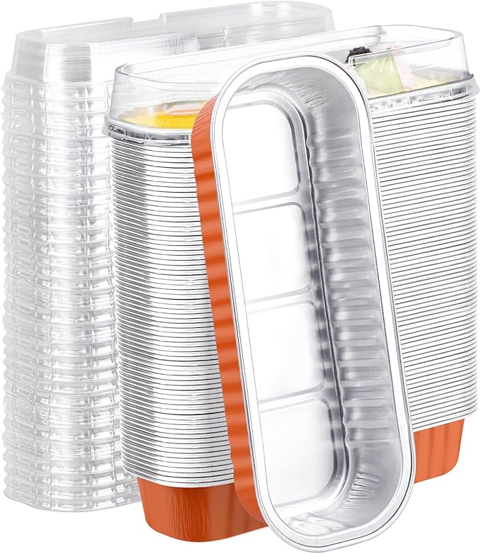 EUSOAR Dessert Cups with Lids, 100pcs 6.8oz Rectangle Cupcake Cups Aluminum Foil Ramekins, Disposable Cake Containers Souffle Holders Muffin Wrappers Creme Brulee Tins for Birthday Wedding Party
