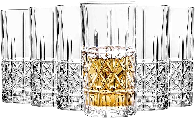 Tall Highball Glasses Set of 6, 14 Ounce Cups, Textured Designer Glassware for Drinking Water, Beer, or Soda, Trendy and Elegant Dishware, Dishwasher Safe