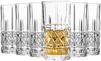Tall Highball Glasses Set of 6, 14 Ounce Cups, Textured Designer Glassware for Drinking Water, Beer, or Soda, Trendy and Elegant Dishware, Dishwasher Safe