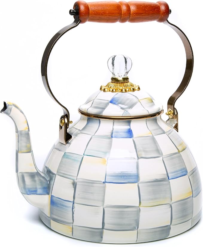 MACKENZIE-CHILDS Enamel Tea Kettle, Stylish Tea Kettle for Stovetop, Grey-and-White Sterling Check, 3 Quarts