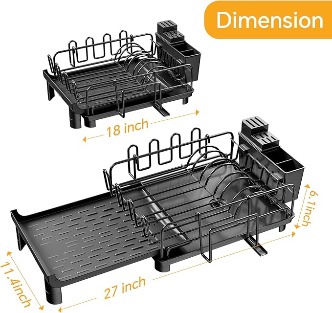 Simple Trending Extendable Dish Drying Rack, Multifunctional Dish Drainers for Kitchen Counter, Dish Strainer with Cutlery & Cup & Utensil Holder, Black