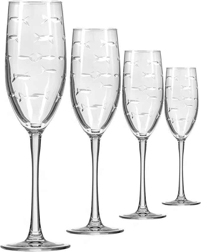 Rolf Glass School of Fish 8oz Champagne Flute Glass | Toasting Flute Glasses | Lead-Free Glass | Etched Flute Glasses | Proudly Made in the USA (Set of 4)