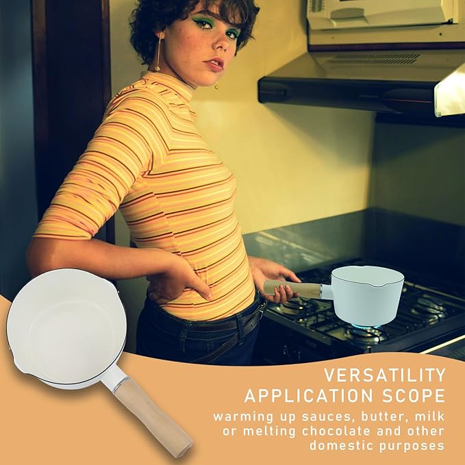 Enamel Milk Pan with Dual Pour Spout Butter Warmer with Wooden Handle Soup Pot Enamelware Saucepan Pan for Home Kitchen Cooking Heating Boiling