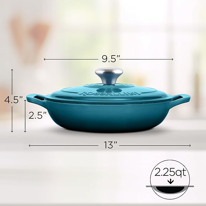 Signature Enameled Cast Iron Braiser, Non-Stick Serving Pot with Tight Fitting Lid for Perfect Roasting, Baking, Sauteing, Searing, and Pan Frying | 2.25Q (2.1L) - Ocean Blue