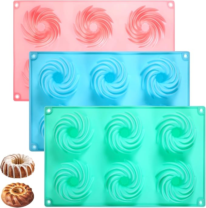 3PCS Mini Bundt Cake Pans for Baking, Non-stick 6 Cavity Silicone Bundt Cake Pan Molds, Multipurpose Molds for Cupcakes Brownies Jellies with Even Heat Transfer Feature for Home Baking(Spiral)