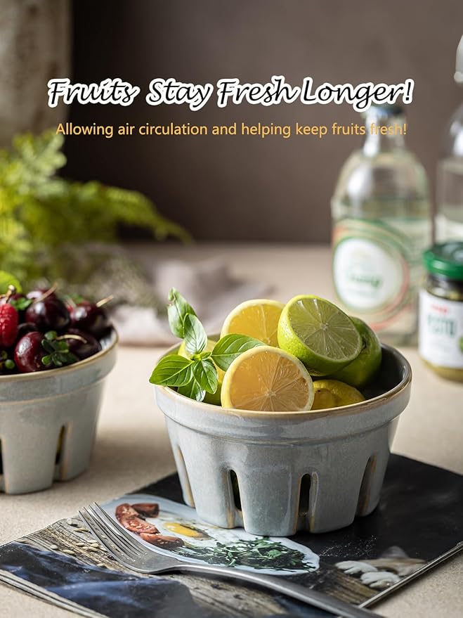 Gomakren Fruit Bowl with Holes, Ceramic Berry Basket Set of 2, 5.8 Inch Round Fruit Storage Containers for Kitchen, Farmhouse Strawberry Basket for Berries, Grape, Cherry, Gray