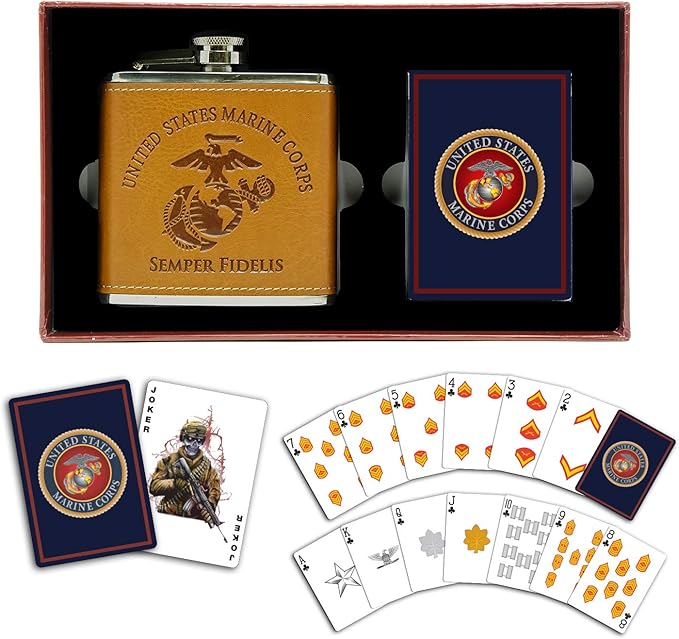 Marine Corps Flask & Card Set - Leather-Wrapped USMC Flask with Rank Playing Cards – Marine Corps Gifts | Disabled USMC Vet Owned SMALL Business