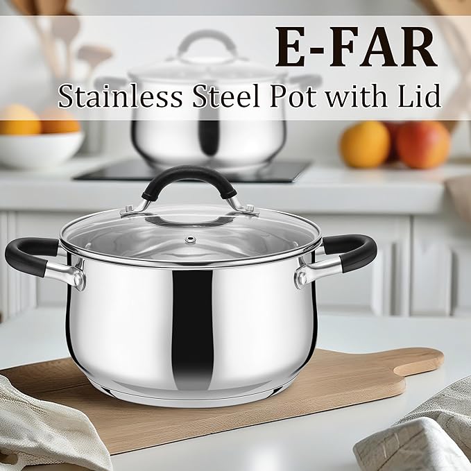 E-far 4 Quart Stockpot, Stainless Steel Pot with Visible Lid for Cooking Soup Pasta, Tri-Ply Thick Base for Induction Gas, Small Cooking Pot with Dual Heat Proof Handles, Non-Toxic & Dishwasher Safe