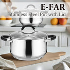 E-far 4 Quart Stockpot, Stainless Steel Pot with Visible Lid for Cooking Soup Pasta, Tri-Ply Thick Base for Induction Gas, Small Cooking Pot with Dual Heat Proof Handles, Non-Toxic & Dishwasher Safe