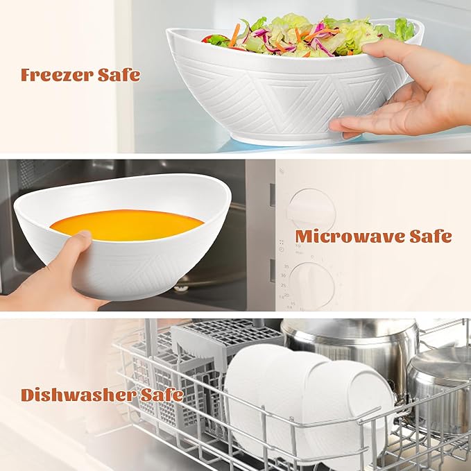 Homienly Wheat Straw Bowls, Large Salad Bowls Set of 6, 60 OZ Large Capacity Serving Bowl for Kitchen, Picnic, Camping,Lightweight Unbreakable Microwave and Dishwasher Safe Big Bowl - White