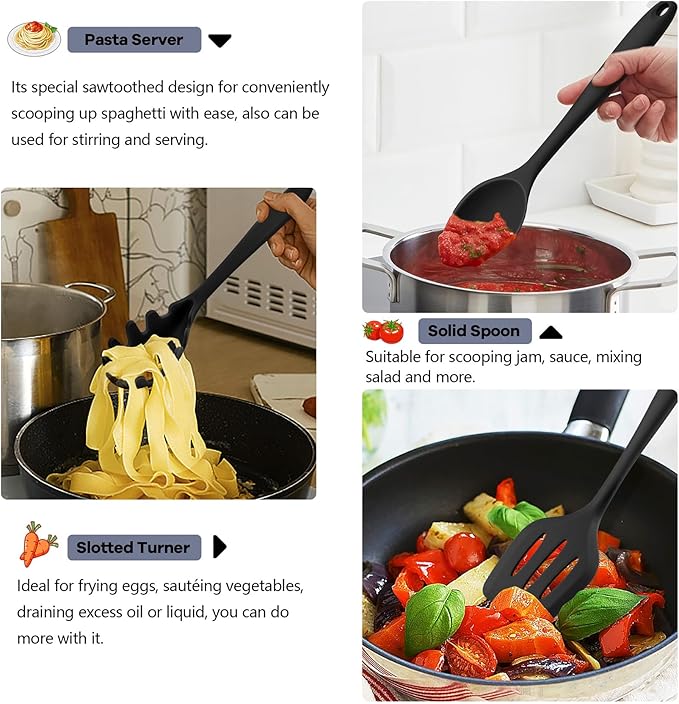 TeamFar Silicone Cooking Utensils, 10 pcs Kitchen Cooking Utensils Set, 446°F Heat Resistant Kitchen Gadgets Tools Set w/Spatula, Turners, Spoons, Soup Ladle, Pasta Server for Nonstick Cookware, Black