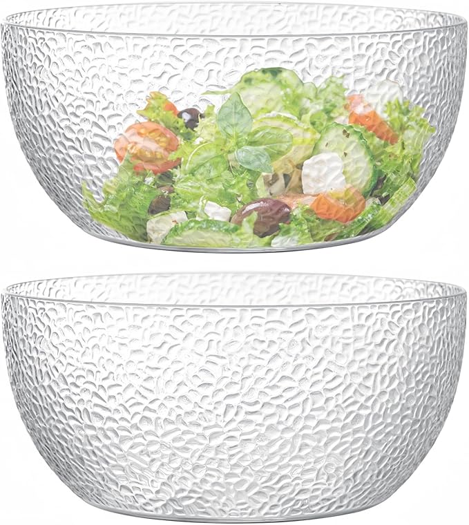 Qxbekmor 130 oz Acrylic Salad Bowls, 9.5" Serving Bowls for Fruits, Popcorn, Chips, Dips, Condiments, Break-Resistant Set of 2, Clear Circular