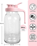 64oz Glass Mason Jar Pitcher with Lid and Spout, 2 Quart Airtight Glass Water Jug, Leakproof Wide Mouth Mason Jar Pitcher for Iced Sun Tea, Milk Storage, Cold Brew Coffee, Juice, Pink