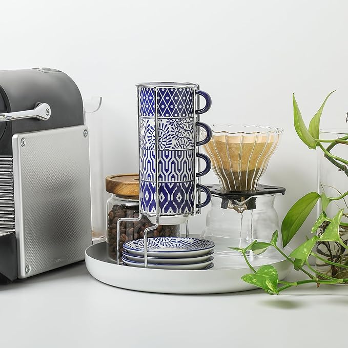 Selamica Ceramic Cappuccino Cups with Saucers and Metal Stand, 8 OZ Stackable Espresso Coffee Cups for Coffee, Latte, Americano, Tea, Set of 4, Vintage Blue