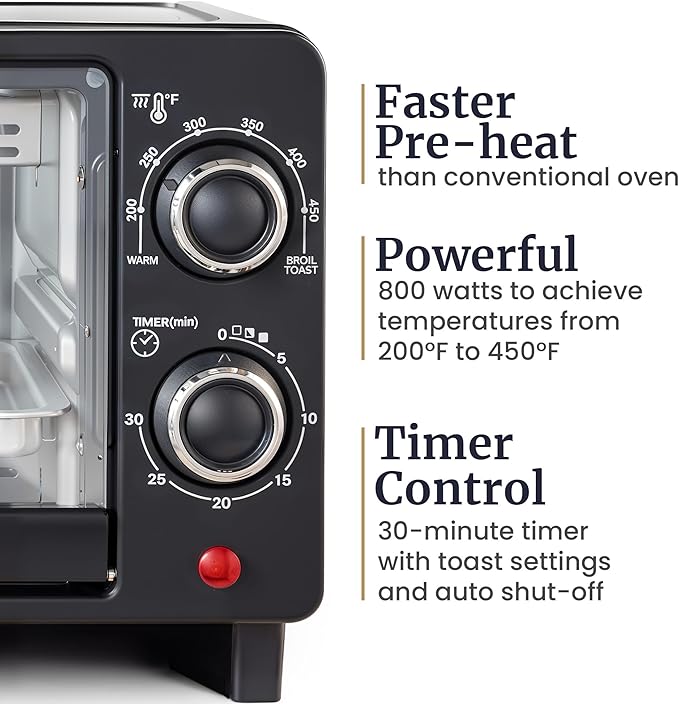 Elite Gourmet ETO490 9L/4 Slice Countertop Toaster Oven with 30-Minute Timer, Adjustable Temperature Control, Includes Baking Pan and Wire Rack, Bake, Broil, Toast, Black
