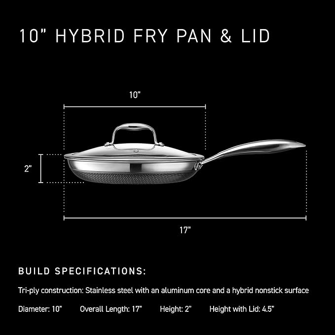 HexClad Hybrid Nonstick 10-Inch Frying Pan with Tempered Glass Lid, Stay-Cool Handle, Dishwasher-Friendly, Oven-Safe Up to 900°F, Induction Ready, Compatible with All Cooktops