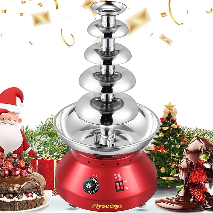 Chocolate Fountain Commercial Hot Chocolate Fondue Tower 5 Tier 7-Pound Large Capacity Stainless Steel Chocolate Melting Heating Machine for Nacho Cheese Liqueurs Party Wedding (Vintage Red)