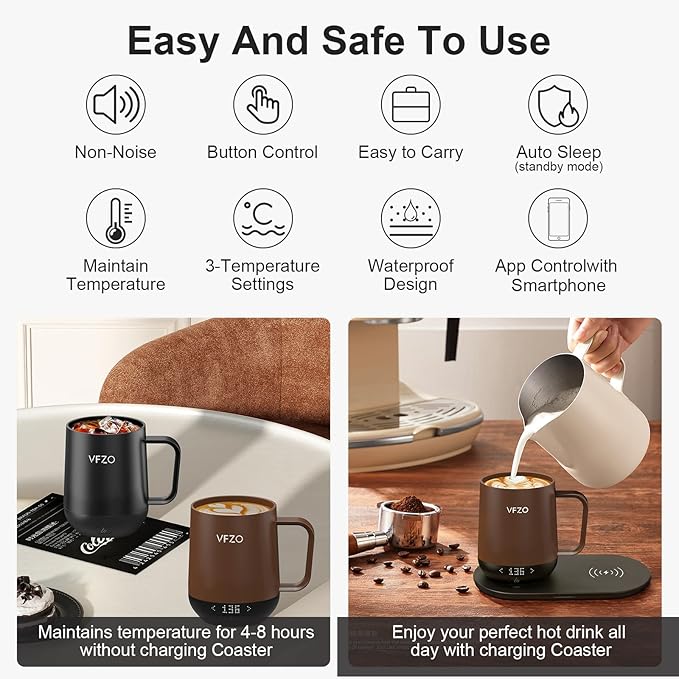 Temperature Control Smart Mug, Self Heating Coffee Mug LED Display, 180 Min Battery Life - Hot up to 149℉ Fast Wireless Charger Base Improved Design (12oz, Coffee)