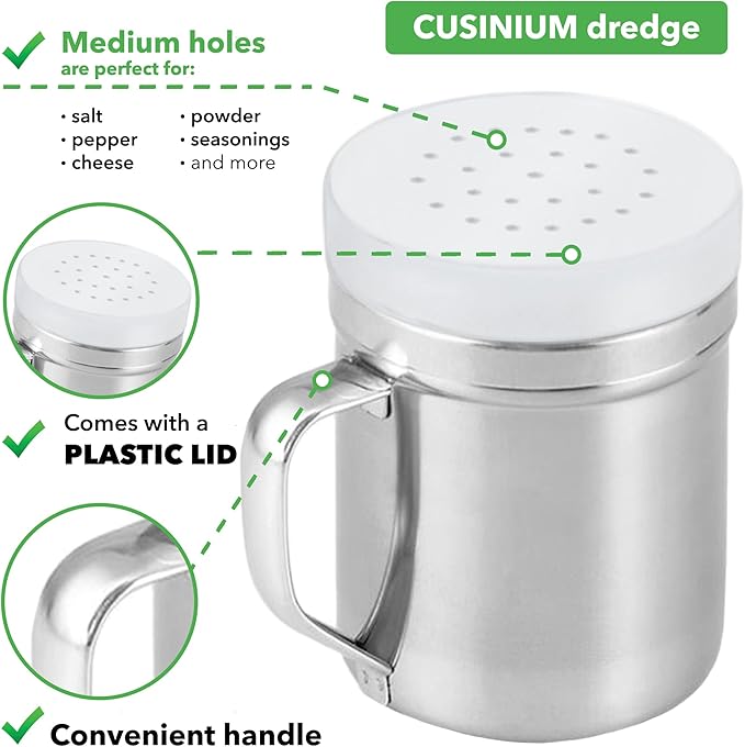 CUSINIUM Metal Salt Pepper Cooking Dredge Shakers - With Handle - Seasonings Spice Shakers With Holes and Lids - 6 Ounce, 2pcs | Style: Medium