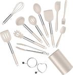 E-far Silicone Cooking Utensils Set, 14-Piece Khaki Kitchen Utensils Set with Holder, Kitchen Tools Spatulas with Stainless Steel Handle for Non-stick Cookware, Heat Resistant & Dishwasher safe