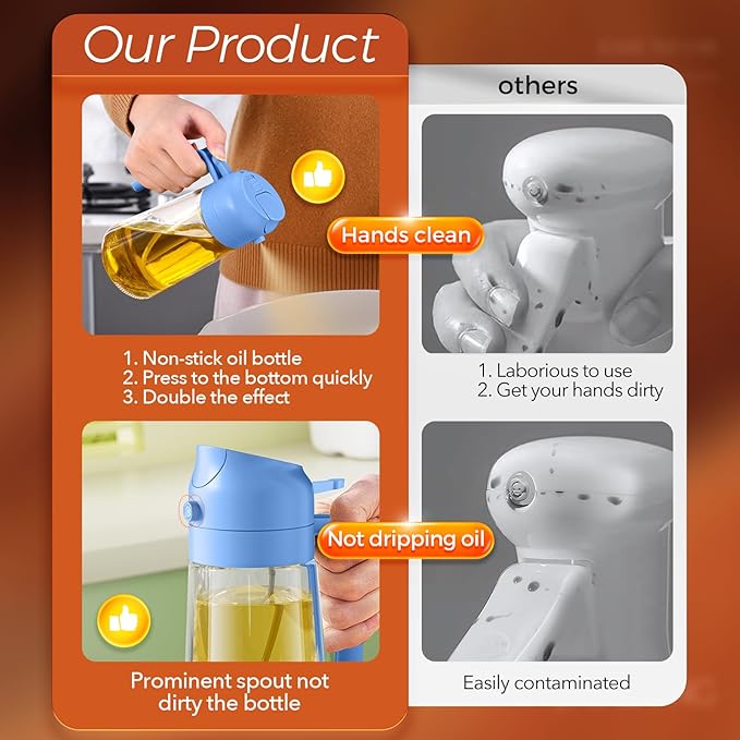 YARRAMATE 16oz/470ml Glass Olive Oil Sprayer for Cooking with Stickers, 2 in 1 Oil Dispenser for Kitchen Gadgets, Food Grade Premium Spray Bottle with Portion Control for Salad, BBQ(SkyBlue)