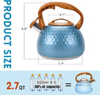GGC Tea Kettle for Stove Top, Loud Whistling Kettle for Boiling Water Coffee or Milk, 3.1 Quart 3L Heavy Stainless Steel Blue Kettle with Wood Pattern Handle, Unique Button Control Kettle Outlet