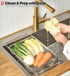 Extendable Dish Rack with Feet, Vegetable Colander Basket, Stainless Steel Dish or Silverware Drying Rack, Ultimate Kitchen Organizer Over The Sink (14.76 x 10.63 x 3.15 Inches)