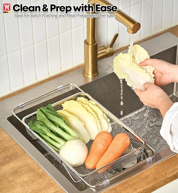 Extendable Dish Rack with Feet, Vegetable Colander Basket, Stainless Steel Dish or Silverware Drying Rack, Ultimate Kitchen Organizer Over The Sink (14.76 x 10.63 x 3.15 Inches)