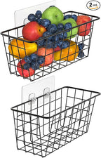 Hanging Kitchen Baskets For Storage Adhesive Small Wire Storage Baskets No Drilling Wall Mounted Shelf with Kitchen Food Pantry Bathroom Shelf Storage, 2 PACK, Black