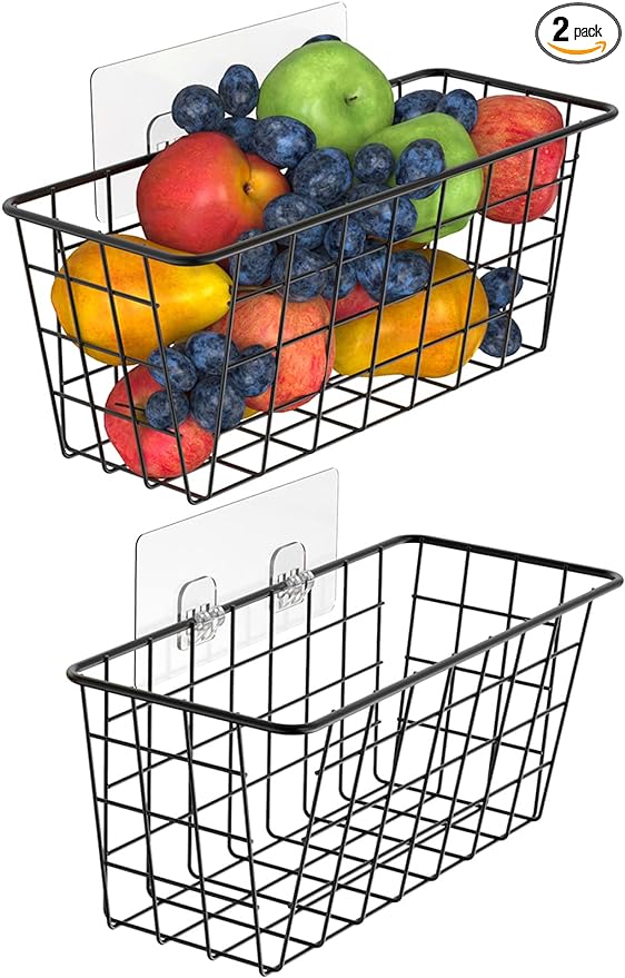Hanging Kitchen Baskets For Storage Adhesive Small Wire Storage Baskets No Drilling Wall Mounted Shelf with Kitchen Food Pantry Bathroom Shelf Storage, 2 PACK, Black