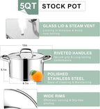 E-far Stainless Steel Stockpot, 5 Quart Pot with Glass Lid for Soup Pasta, Induction Nontoxic Cooking Pot for All Stoves, Thick Tri-Ply Bottom & Double Riveted Handle, Oven & Dishwasher Safe