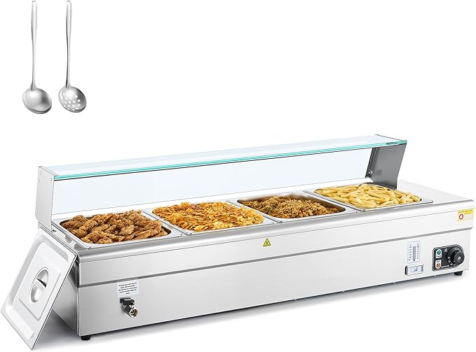WILPREP 4-Pan Commercial Food Warmer with Sneeze Guard, Four 1/2 Pans, 1500W Countertop Electric Warmer, 86-185°F Adjustable Temp Control, Stainless Steel Buffet Bain Marie