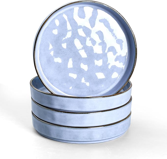 E-far Pasta Bowls Set of 4, 30oz Shallow Salad Bowls for Dinner Serving, 8.25" Stoneware Ceramic Bowl Plates for Noodle Soup, Microwave & Dishwasher Safe, Reactive Glaze, Blue