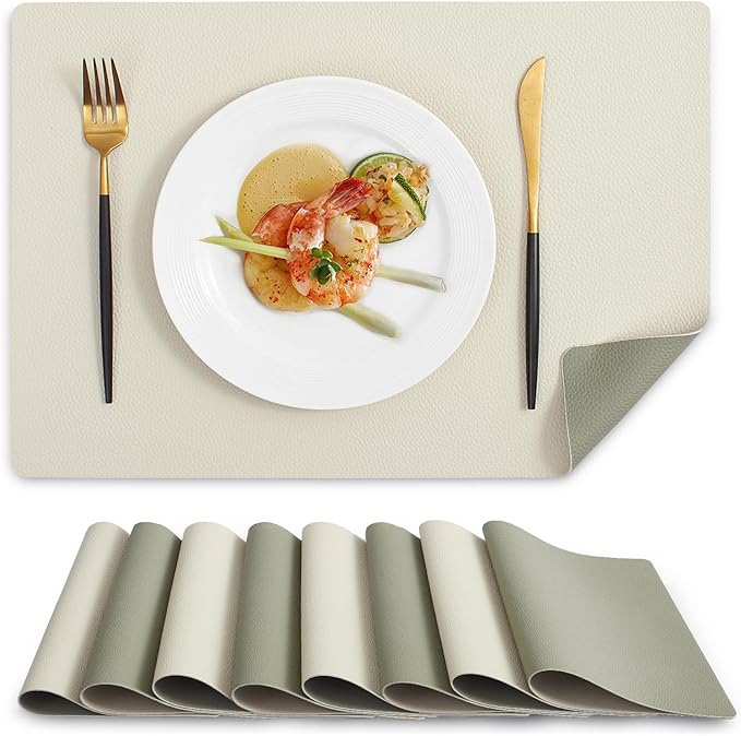 MOSAYT Vinyl Placemats Set of 8, Heat Resistant Place Mats 100% Waterproof Washable & Wipeable Faux Leather Reversible Table Mats for Kitchen Dining Party Indoor Outdoor, 12" x 17", Beige/Sage Green
