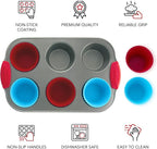 Boxiki Kitchen Non-Stick Steel 6 Cup Muffin Pan with Silicone Handles and Reusable Liners - Perfect for Baking Large Muffins and Cupcakes