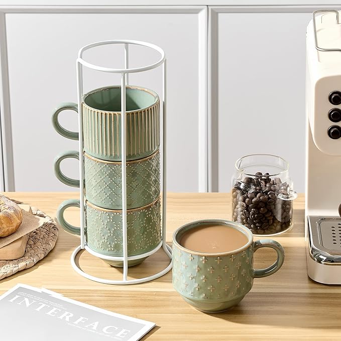 JIEMEI HOME Large Ceramic Coffee Mug Set of 4 with Stand, 15 Oz Stackable Embossment Ribbed Latte Cup Set for Cappuccino, Latte, Tea, Hot Cocoa, Drinks - Dishwasher & Microwave Safe, Vintage Turquoise