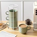 JIEMEI HOME Large Ceramic Coffee Mug Set of 4 with Stand, 15 Oz Stackable Embossment Ribbed Latte Cup Set for Cappuccino, Latte, Tea, Hot Cocoa, Drinks - Dishwasher & Microwave Safe, Vintage Turquoise