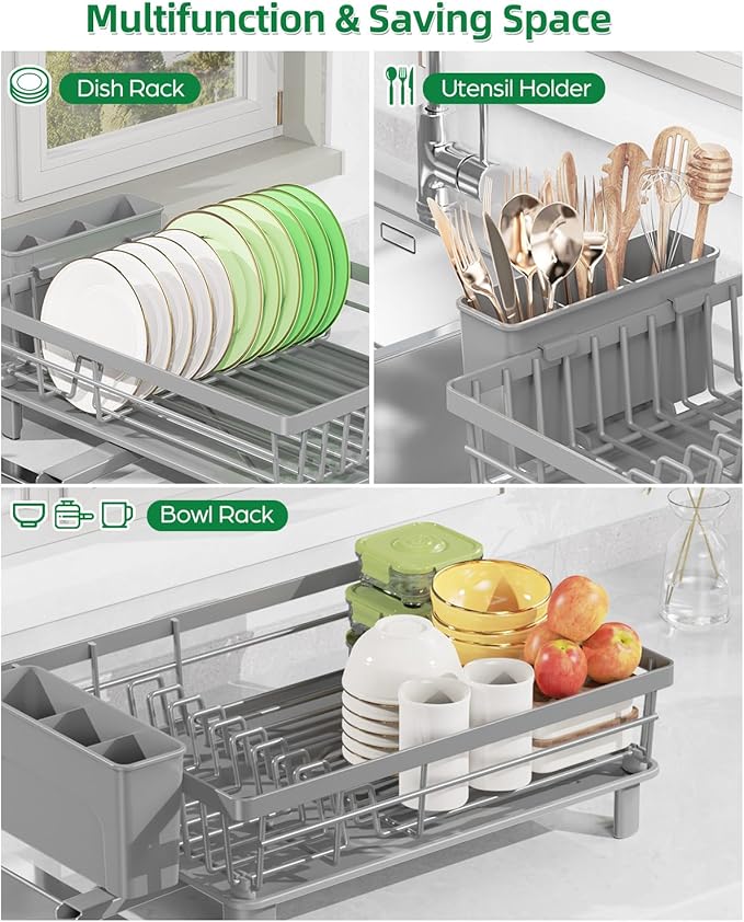 Dish Drying Rack, Stainless Steel Drainer Rack with Drainboard with Smart Drainage System, Space Saving Dish Strainer for Kitchen Counter with Cutlery Holder, Grey