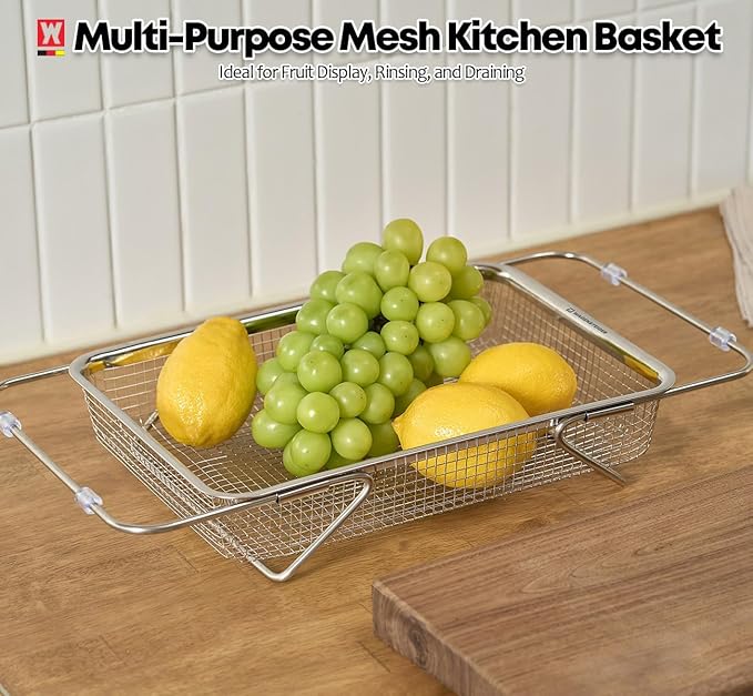 Extendable Dish Rack with Feet, Vegetable Colander Basket, Stainless Steel Dish or Silverware Drying Rack, Ultimate Kitchen Organizer Over The Sink (11.81 x 8.27 x 2.76 Inches)