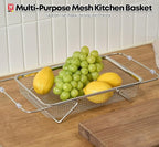 Extendable Dish Rack with Feet, Vegetable Colander Basket, Stainless Steel Dish or Silverware Drying Rack, Ultimate Kitchen Organizer Over The Sink (11.81 x 8.27 x 2.76 Inches)