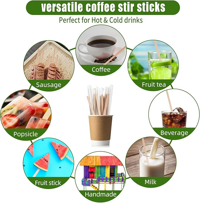 210PCS Wooden Coffee Stirrers, Individually Wrapped, Wooden Beverage Mixer, 5.5" Coffee Stir Sticks-Biodegradable Eco-Friendly Round End Disposable coffee stirrer, For Coffee, Cocktail, Hot Drinks