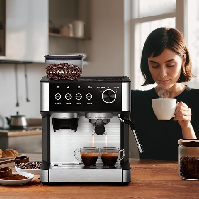 Joy Pebble Espresso Machine,Stainless Steel 15 Bar Semi-Automatic Expresso Coffee Machines, Featuring a Milk Frother,Steam Wand.Removable Water Tank, Cappuccino & Latte Machine for Home