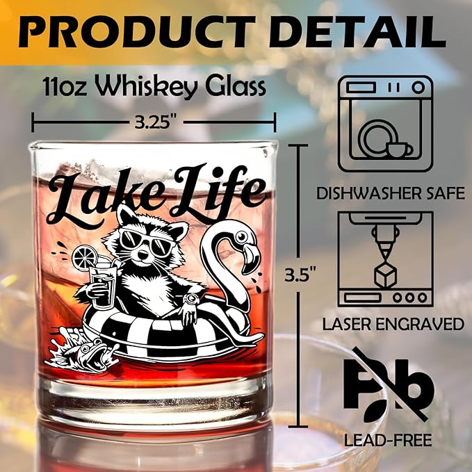 kunlisa Funny Lake Raccoon Whiskey Glasses, Funny Raccoon Gifts, Lake House Decor and Gift 10 oz Drinking Rocks Glasses for Women Men Whisky Cocktail Scotch Bourbon Liquor