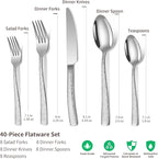40-Piece Silverware Set, Silver Hammered Stainless Steel Flatware Sets for 8, Food-Grade Tableware Set, Including Fork Knife Spoon Set, Home Kitchen Cutlery Sets, Dishwasher Safe