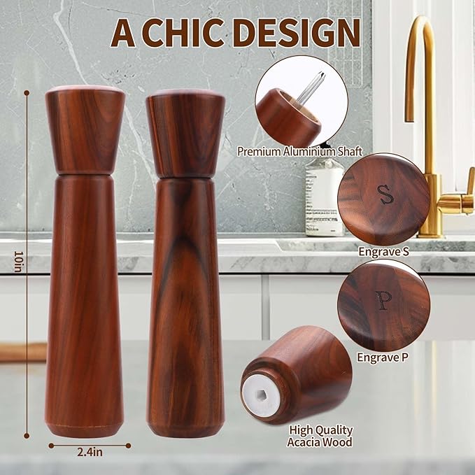 Wooden Salt and Pepper Grinder Set 10In,Salt and Pepper Grinder Refillable with Adjustable Ceramic Rotor, Easy Refill,Acacia Wood Pepper Grinder Manual,Salt and Pepper Shakers set 2-Pack