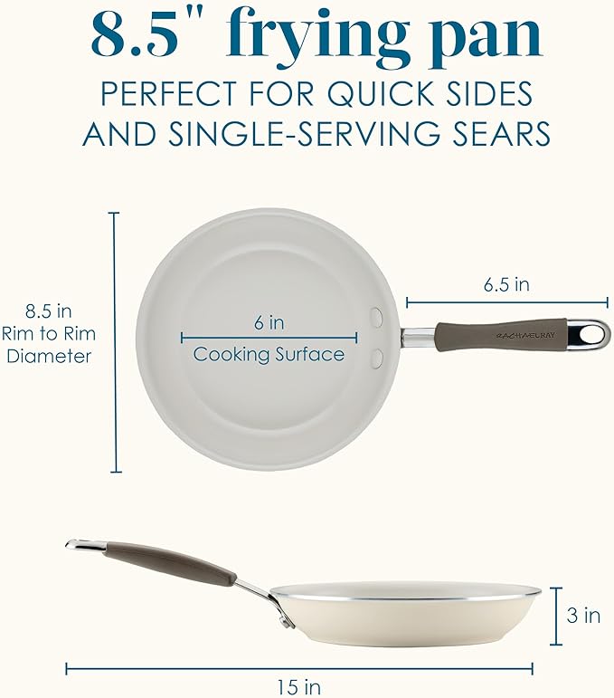 Rachael Ray Cucina Ceramic Nonstick Frying Pan/Skillet, 8.5 Inch Non Stick Open Fry Pan, Dishwasher Safe - Almond