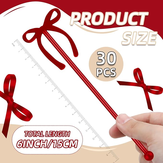 30 Pcs 6 Inch Bow Drink Stirrers, Bow Stir Sticks Coffee Stirrers Reusable Plastic Swizzle Sticks for Wedding Birthday Bridal Cocktail Decorations Supplies(Red)