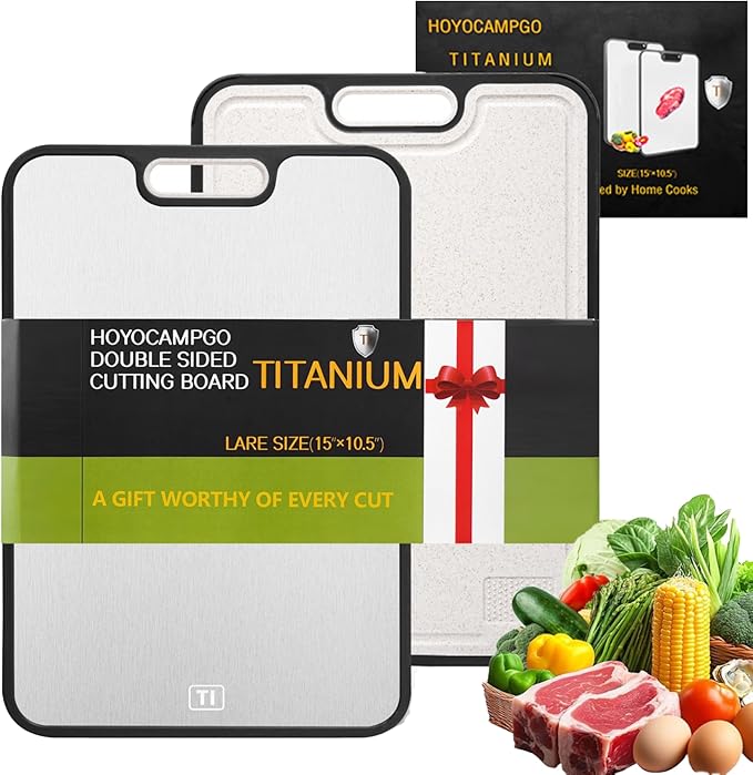 Titanium Kitchen Cutting Board Double-sided Chopping Boards for Meat,Vegetables, Dishwasher Safe Charcuterie Board Easy to Clean with Handle for Home Counter Outdoor Camping Gifts Large 15”×10.5”