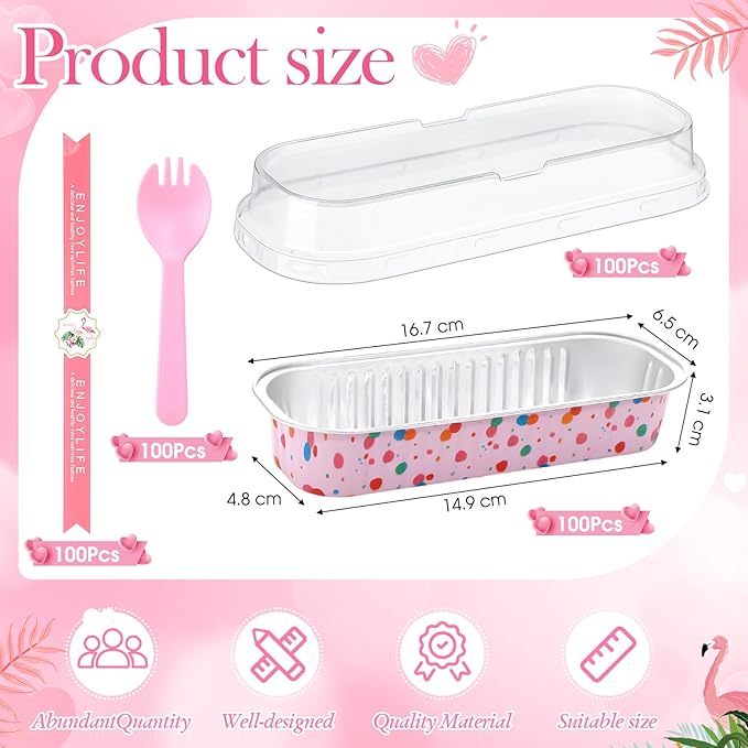 Tioncy 50 Pcs Mini Pink Loaf Pans with Lids Spoons Sticker Colorful Dots 6.8oz Disposable Rectangle Aluminum Foil Baking Pans Muffin Cupcake Cups for Picnics Wedding Birthday Baby Shower